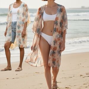 jella c. Peach & Turquoise Floral Kimono/Beach Coverup, Oversized